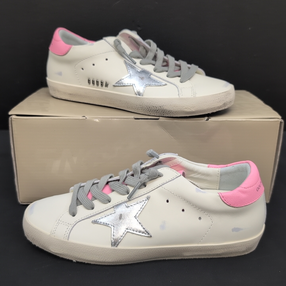 Golden Goose Super Star Women's Leather Sneakers Size 38 White with Pink Trim